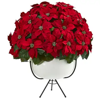 Аранжировка от изкуствени цветя Grand Poinsettia в бяла ваза с метална стойка, лозя, стая декор, палмови листа, изкуствени цветя за