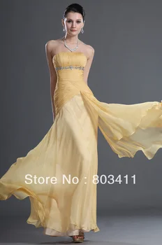Безплатна доставка на Ново чудесно пряко рокля без презрамки, плиссированное жълто шифоновое вечерна рокля