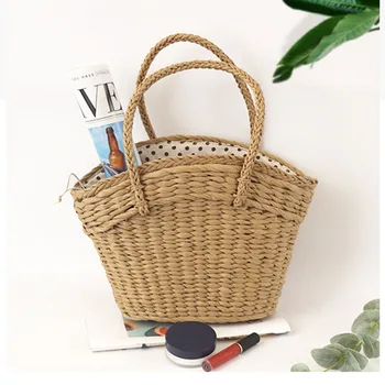 Нова чанта от растителни тъкани, тканая чанта с подплата, грах, плажна чанта, чанта през рамо, корея, дамска чанта, тканая ежедневна чанта