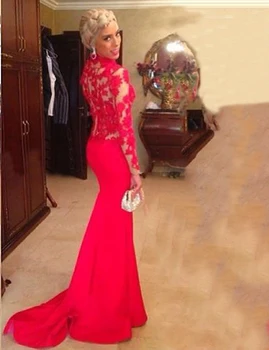 Саудитска Арабската трапециевидная илюзия с високо воротом, апликация с дълги ръкави, червен развертывающийся струята, вечерна рокля 2023, рокли за майката на булката
